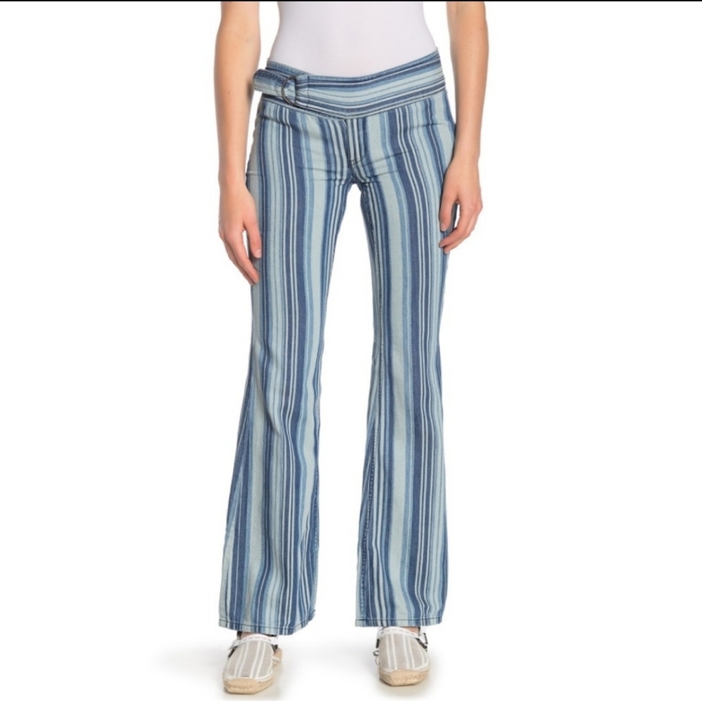 Free People We The Free Indigo Haze Journey Striped Flare Retro Pants Jeans 29.
